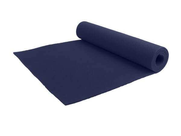 Dunkelblaue, teilweise ausgerollte Matte aus Stoff auf weißem Hintergrund.
