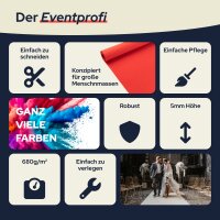 Grafik zur Bewerbung von Eventboden: Überschrift „Der Eventprofi“. Verschiedene Kacheln zeigen Vorteile, dargestellt mit Icons und Text: leicht zu schneiden (Schere), für große Menschenmengen geeignet (Bild einer roten Bodenrolle), einfache Pflege (Pinsel), viele Farben (bunte Farbexplosion), robust (Schild), 5 mm Höhe (Doppelpfeil), 680 g/m² (Gewichtssymbol), einfach zu verlegen (Werkzeugschlüssel) sowie Foto eines Brautpaares auf Eventboden in festlicher Umgebung.