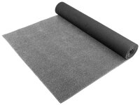 Ausgerollte graue Matte aus textilem Material mit einer Dicke von 7 Millimetern, hervorgehoben durch eine Detailansicht des Querschnitts; auf der Matte ein Etikett mit der Aufschrift „Erhältlich in 3 Breiten“.