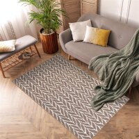 Modernes Wohnzimmer mit Parkettboden, grauem Sofa mit zwei dekorativen Kissen und grüner Decke, gemustertem Teppich in Grau und Weiß, hölzerner Sitzbank mit Kissen, Zimmerpflanze im Holzübertopf und Holz-Raumteiler im Hintergrund.