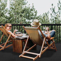 Bild mit mehreren Anwendungsbeispielen für Outdoor-Teppiche: Oben steht der Text „Geeignet für viele Außenbereiche“. Darunter sind vier Fotos zu sehen: links oben ein Teppich unter einem Gartentisch auf einer Terrasse, rechts oben ein Teppich auf Steinboden, links unten ein Teppich vor einem Wohnwagen mit Campingmöbeln, rechts unten ein runder Pool mit einem Teppich als Unterlage. Die jeweiligen Bereiche sind mit den Beschriftungen „Balkon und Terrasse“, „Outdoor Teppich“, „Vorzeltteppich“ und „Pool-Unterlage, uvm“ versehen.