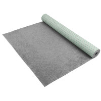 Graue Teppichunterlage als Rolle, ausgebreitet mit glatter Oberfläche und punktförmiger Unterseite, Hinweis auf 5 mm Stärke und verfügbar in drei Breiten.