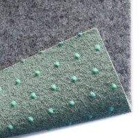 Grüne Kunstrasenmatte mit aufgerolltem Rand, darunter sichtbare Unterseite mit Noppen. Im Bild sind folgende Texte enthalten: Wasserdurchlässig für schnelles Trocknen, wobei „schnelles Trocknen“ rot unterstrichen ist, und in einem roten Kreis mit Pfeil „Noppen gegen Nässestau“.