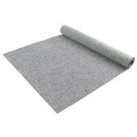 Eine graue Teppichunterlage als Rolle, teils ausgerollt, mit einer Banderole, auf der „Erhältlich in 3 Breiten“ steht. Im Vordergrund ein runder Ausschnitt mit einer seitlichen Ansicht, die die Materialdicke von 8 Millimetern zeigt.