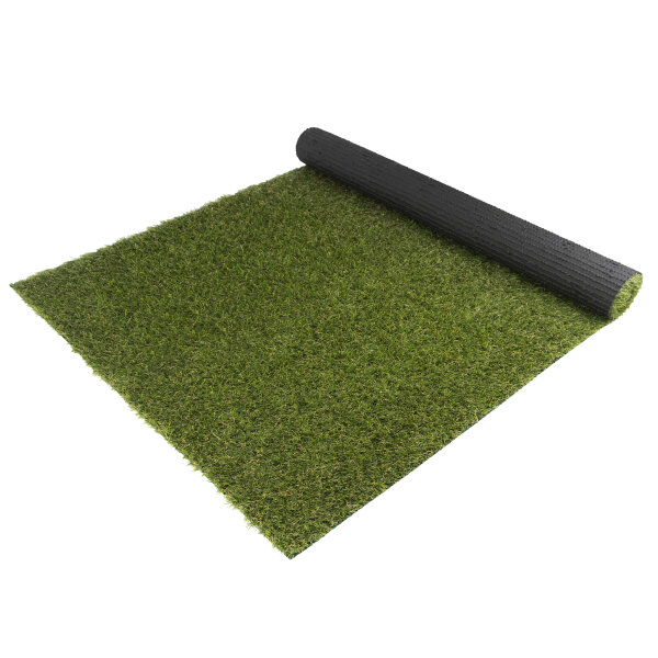 Künstlicher Rollrasen mit grasgrüner Oberfläche, aufgerollt mit Beschriftung Erhältlich in 2 Breiten. Im Vordergrund eine runde Detailansicht zeigt die Halmlänge von 27 Millimetern.