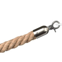 Dickes, gedrehtes Seil aus Naturfaser mit einem silbernen Metallende und Karabinerhaken zur Befestigung, vor weißem Hintergrund.