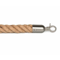 Nahaufnahme eines dicken, gedrehten Seils aus Naturfaser mit einem silberfarbenen Metallhaken am Ende, vor weißem Hintergrund.