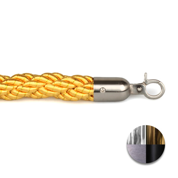 Detailaufnahme eines goldfarbenen, geflochtenen Absperrseils mit silbernem Metallhaken am Ende; unten rechts ein Kreis mit vier unterschiedlich gefärbten Metalloberflächen als Musterbeispiel.