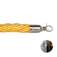 Detailaufnahme eines goldfarbenen, geflochtenen Absperrseils mit silbernem Metallhaken am Ende; unten rechts ein Kreis mit vier unterschiedlich gefärbten Metalloberflächen als Musterbeispiel.