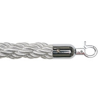 Weiße, dicke Kordel aus geflochtenem Seil, deren Ende mit einer silbernen Metallkappe und einem Karabinerhaken versehen ist.