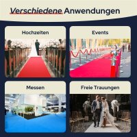 Grafik mit vier Bildern und der Überschrift „Verschiedene Anwendungen“. Die vier Anwendungsbereiche sind: Hochzeiten (Bild einer Braut und eines Bräutigams in einer Kirche mit rotem Teppich), Events (roter Teppich mit Absperrungen im Freien), Messen (Messehalle mit Ständen und blauem Teppich), Freie Trauungen (Brautpaar geht durch eine dekorierte Location).