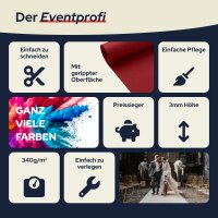 Grafik mit dem Titel „Der Eventprofi“. Verschiedene Kacheln zeigen Vorteile eines Eventbodens, darunter Symbole und Bilder: Eine Schere für einfaches Zuschneiden, ein roter gerippter Teppich, ein Pinsel für einfache Pflege, bunte Farbwolken mit dem Text „Ganz viele Farben“, ein Sparschwein mit „Preissieger“, ein Doppelpfeil für 3mm Höhe, eine Waage mit „340g/m²“, ein Schraubenschlüssel für einfaches Verlegen und ein Foto eines Brautpaares auf rotem Teppich in einer Hochzeitslocation.