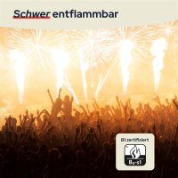 Große Menschenmenge auf einem Konzert mit Feuerwerkseffekten im Hintergrund, darüber der Text „Schwer entflammbar“, unten rechts ein Symbol mit einer Flamme und der Aufschrift „B1 zertifiziert, Bfl-s1“.