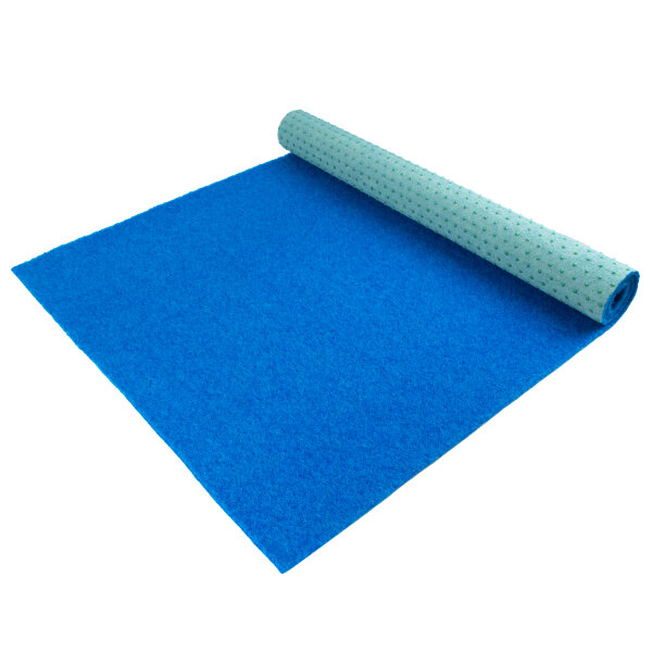 Ausgerollte blaue Bodenmatte mit rutschfester Rückseite, ein Etikett am Rand weist auf „Erhältlich in 3 Breiten“ hin; im Vordergrund vergrößerte Darstellung des Querschnitts, die eine Stärke von 8 Millimetern anzeigt.