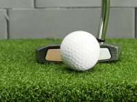 Eine Nahaufnahme zeigt einen violetten Minigolfball auf grünem Kunstrasen, daneben ein silberner Minigolfschläger und das Loch mit weißer Umrandung.